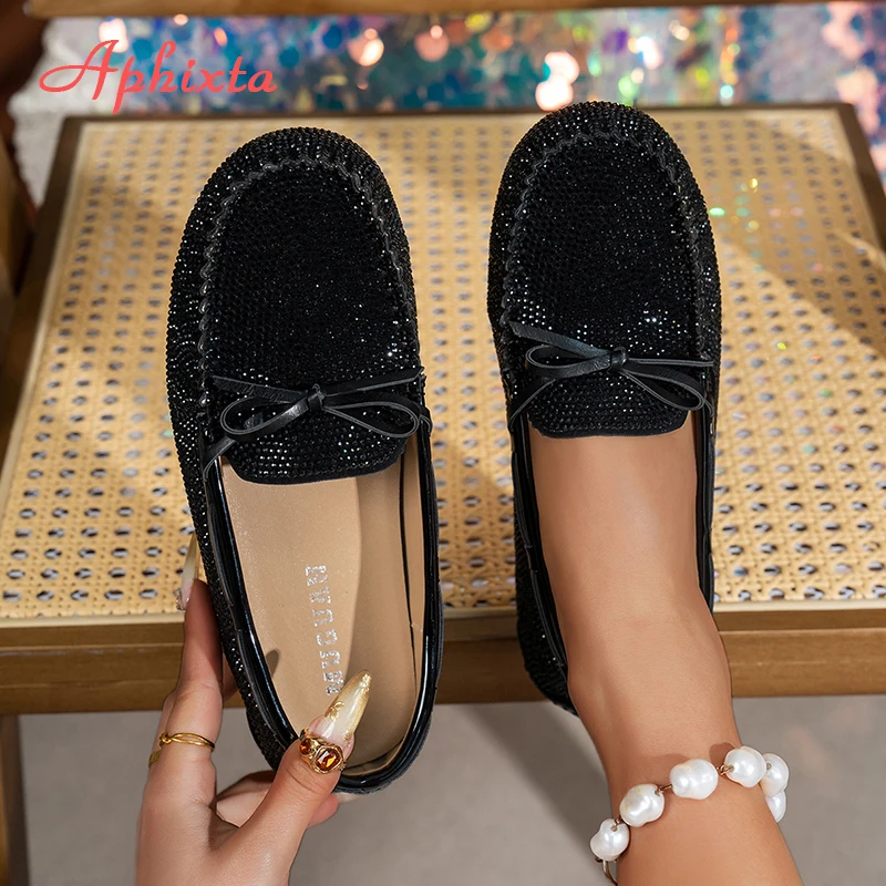 Aphixta 2025 New Luxury Crystal Shallow Woman Shoes Pink Bow Loafers Spring Woman Fashion Shoes Concise Rubber Sole Shoes Woman