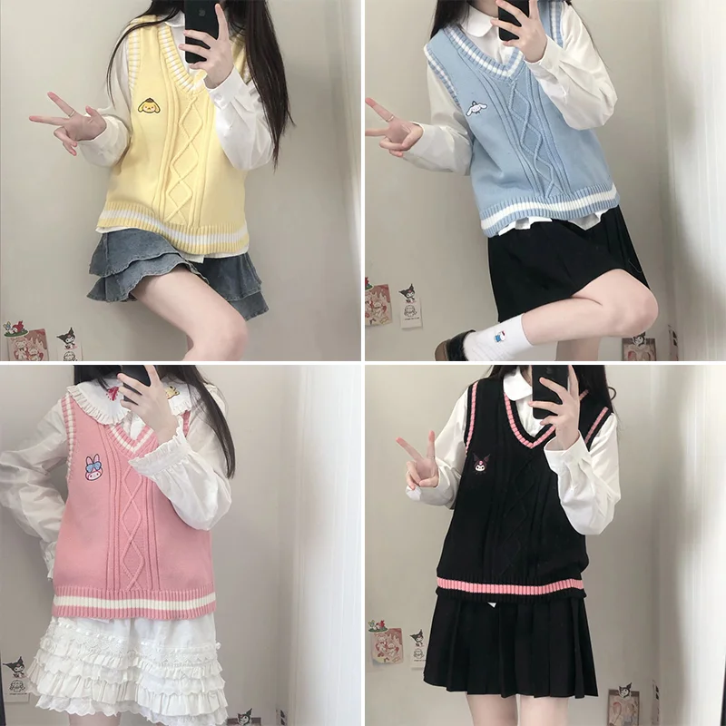

Sanrios Anime Cartoon Kuromi My Melody Cinnamoroll Pompom Purin Spring Autumn Knit Vest Sweet Soft Sleeveless Sweater V-Neck Top