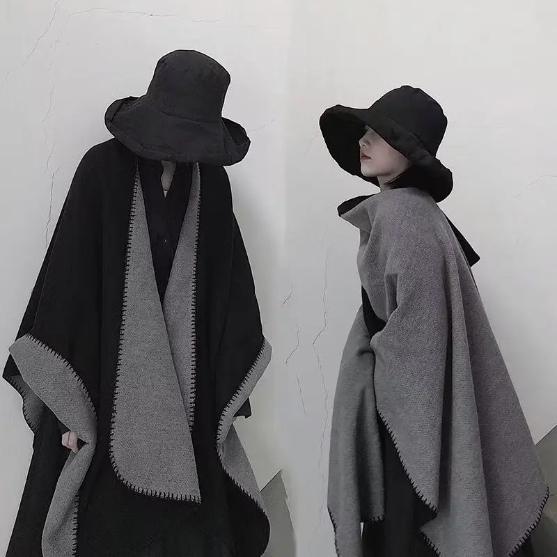 Simple Versatile Niche Imitation Cashmere Scarf Double-side Shawl Cloak Warm Winter Women Scarf Dark Style Travel Coat Cloak