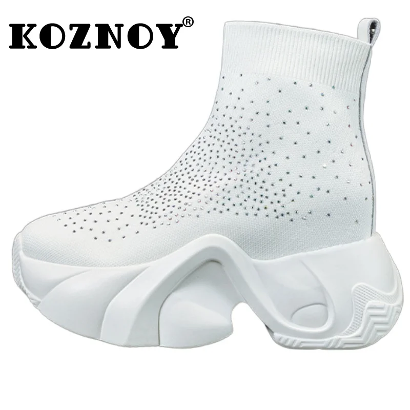 

Konzoy 8cm Stretch Fabric Sock Knitted Booties Women Fashion Rhinestone Bling Platform Wedge Ankle Slip on Spring Autumn Shoes