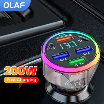 Caricabatteria da auto colorato da 200 W ricarica rapida 5 porte USB tipo C adattatore per caricabatteria da auto per iPhone Sumsung Huawei Xiaomi QC 3.0
