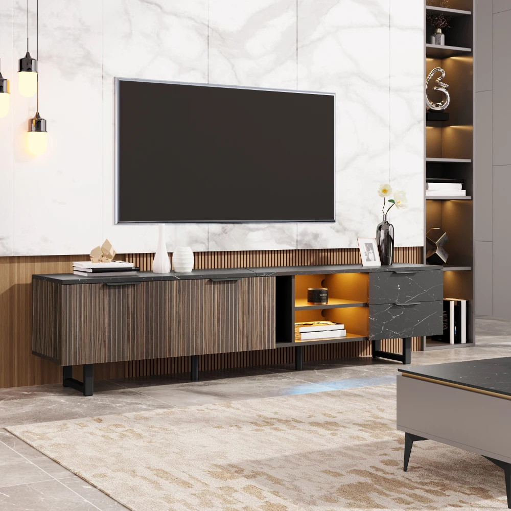 PINGGO 200CM TV-Schrank mit Schwarzer Marmorplatte & Dunklen Holztüren - Einstellbare LED-Beleuchtung 2 Türen 2 Schubladen für Heimunterhaltung – Detail 4
