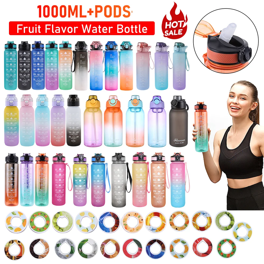 맛 나는 물병 향기 포드, 향기 나는 물컵, 빨대 맛 포드 포함, 야외 피트니스용 스포츠 물병, 1000ml 
