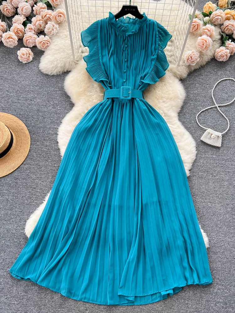 Summer Women Pleated Chiffon Long Dress Vintage Ruffle Stand Collar Flying  Sleeve High Waist Draped Maxi Party Vestidos 2023 New - AliExpress 200000345
