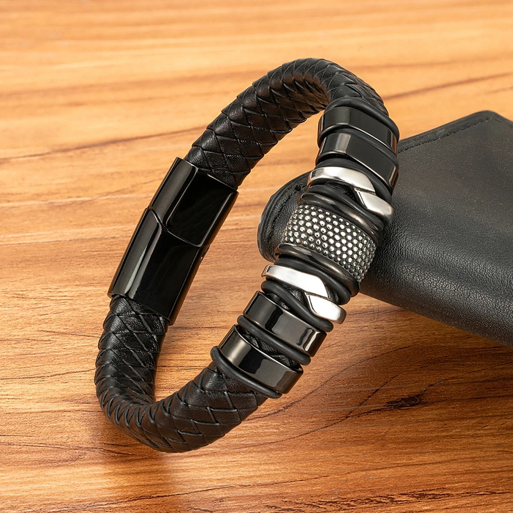 Leather Bracelet XQNI Braided Rope Wrap Leather Bracelet for Men Classic Style Stainless Steel Bangle Couple Charm Jewelry Gifts