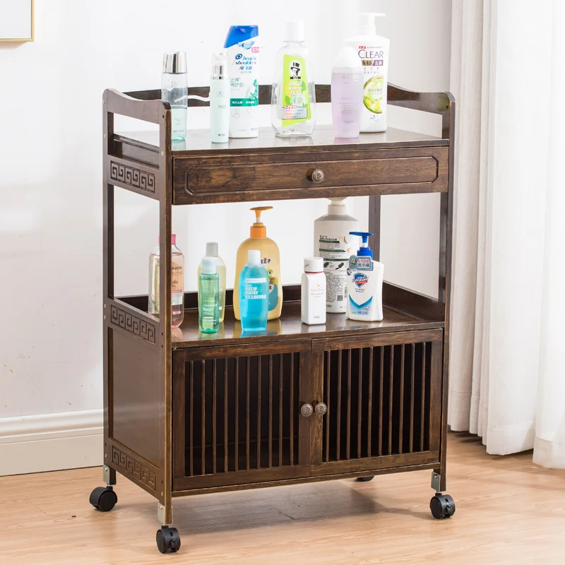 

Beauty Wheels Trolley Beauty Salon Special Auxiliary Cart Bamboo Threelayer Storage Rack Hair And Nail Salon Locker