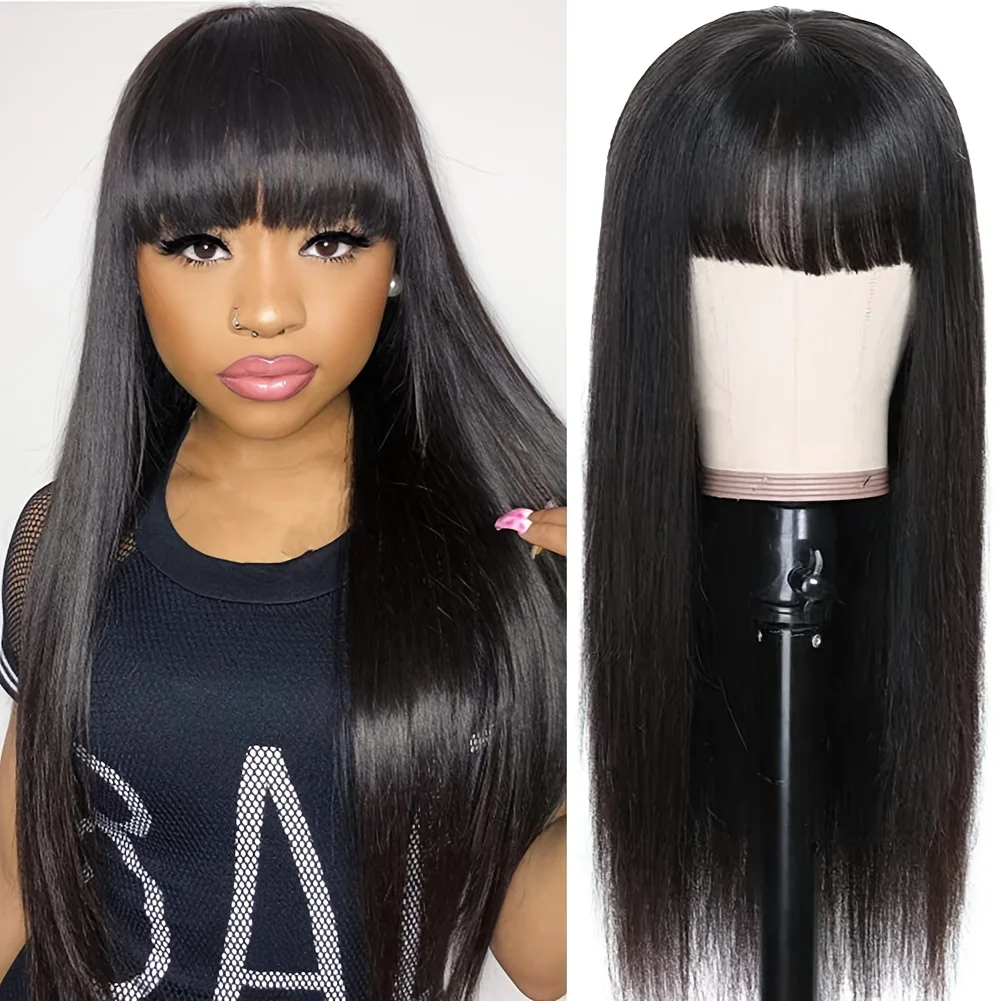 

3X1 Middle Part Lace Wig Bone Straight Human Hair Wig With Bangs Glueless Wig Human Hair Ready To Wear And Go 100% Human Hair