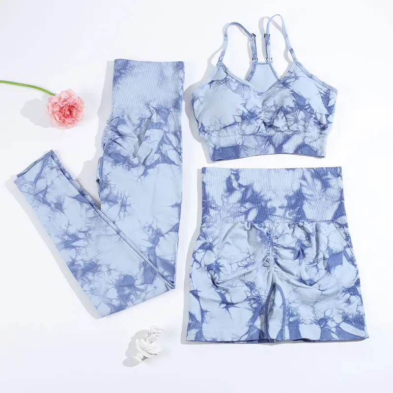 CHRLEISURE 2/3PCS Tie Dye Yoga Set Seamless Sports Suit for Women Elastic Gym Athletic Fitness Outfit Outdoor Running Sportswear