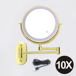 8-Inch Chrome Makeup Mirror with Double-Sided Magnification and Tri-Color LED Lighting (8in Gold USB 10X)