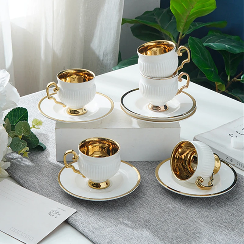 White Golden Coffee Cup Set | Coffee Cups Saucer Set | White Tall Ceramic  Cup - White - Aliexpress