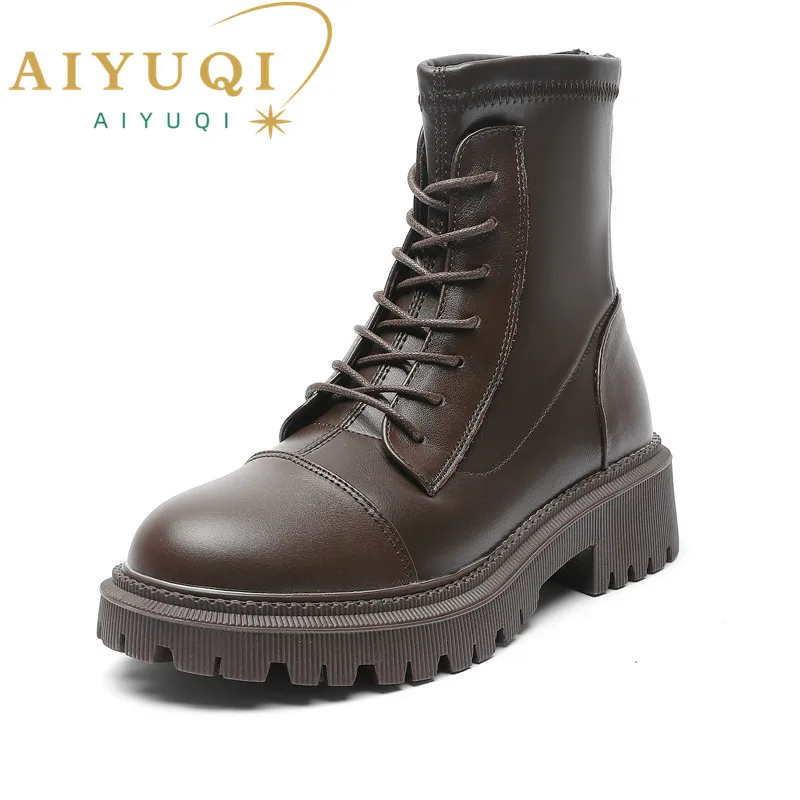 

AIYUQI Women Marton Boots Genuine Leather Stretch Fashion British Style Women Motorcycle Boots Fur Platform Women Ankle Boots