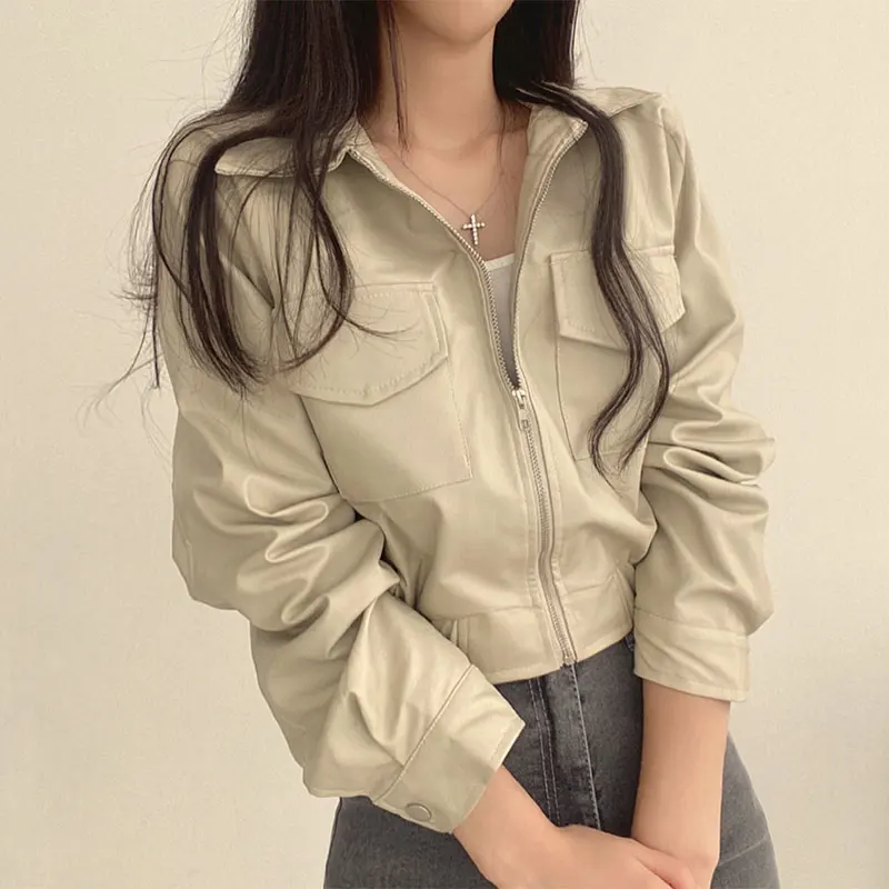 Cropped Women's Leather Jacket Spring Autumn 2024 New Fashion Cardigan Coat Tops Casual PU Leather Motorcycle Jackets mujer