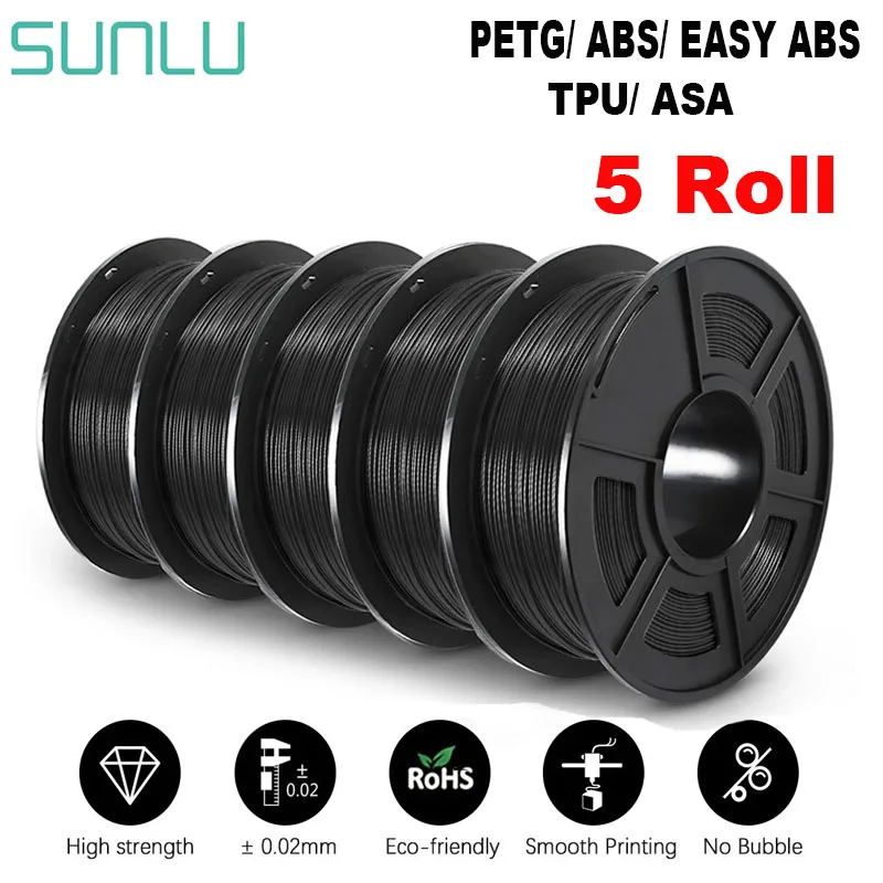 

SUNLU 3D Filament PETG/EASY ABS/TPU/ASA Filamnet 1.75mm 5Roll 1KG（TPU 0.5KG/Roll） 3D Printer Filament for 3D Printer