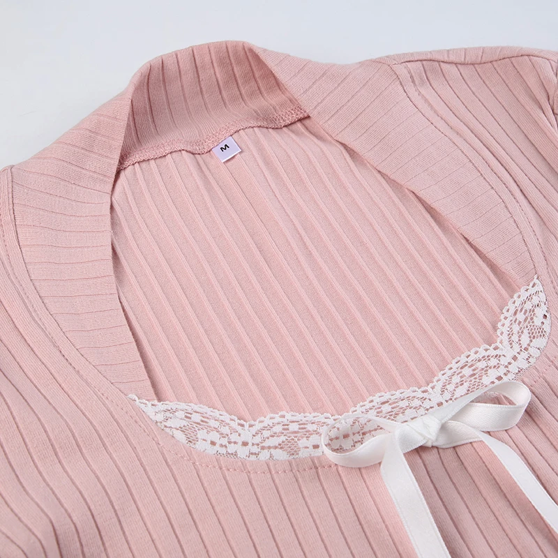 Japanese Kawaii Sweet Pink Knitted Ribbed Tee Contrast Lace Tie Bow Square Collar Long Sleeve Basic Spring Autumn T Shirt Women