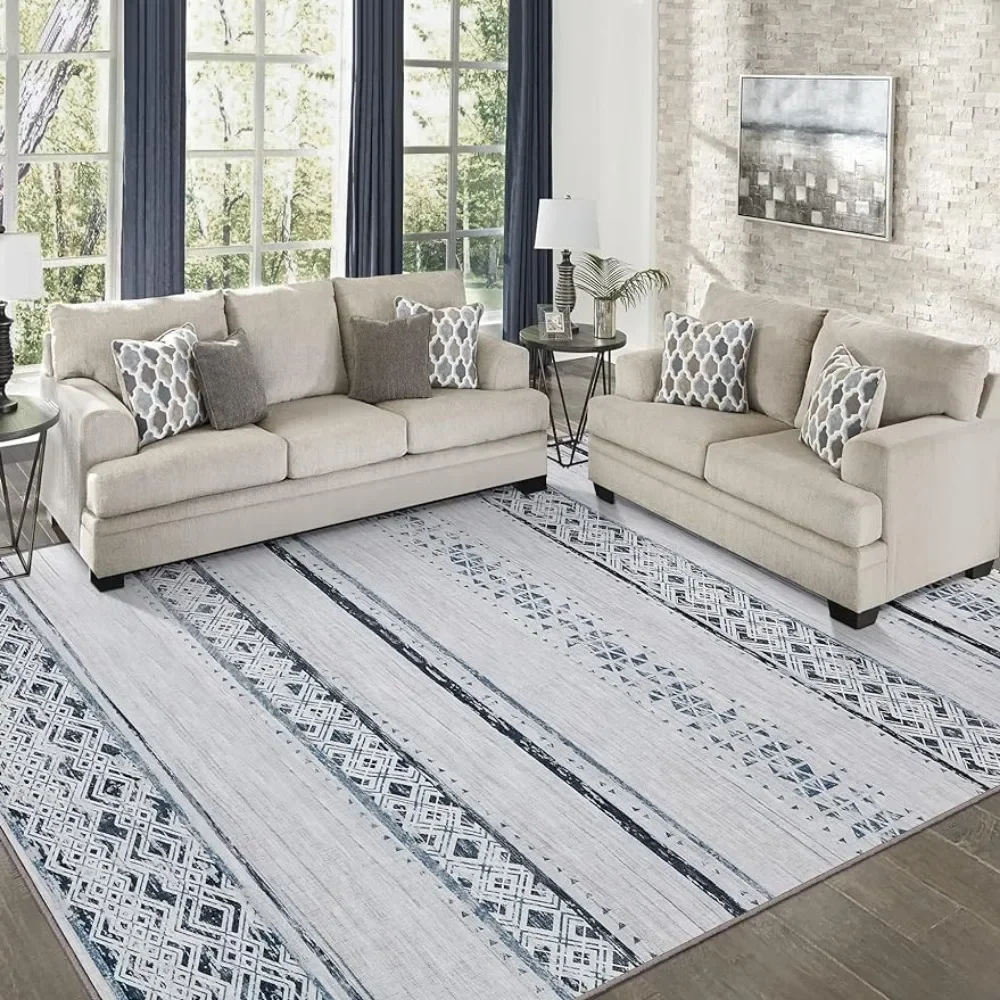 

Area Rugs 9x12 Living Room Large Machine Washable Rug with Non-Slip Backing Stain Resistant Soft Carpet Blue/Ivory Rug