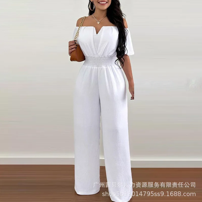 

Wepbel Women Wide Leg Pant Jumpsuits Solid Color Off-the-Shoulder Fitted Waist Jumpsuit Slash Collar High Waist Fashion Jumpsuit