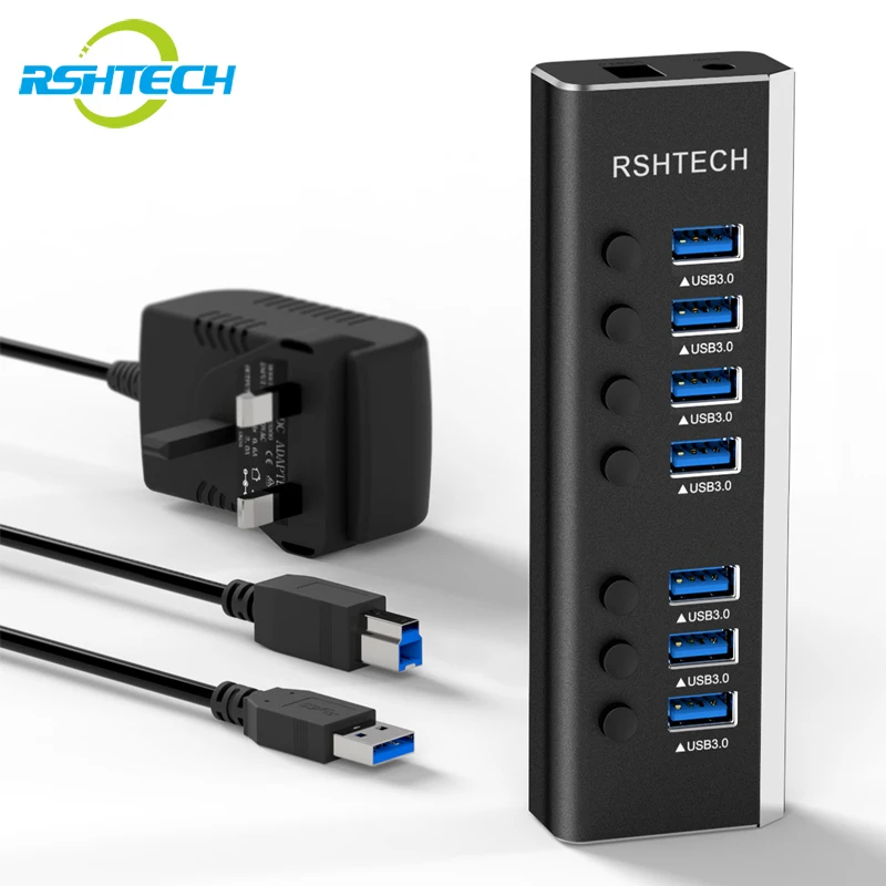 

RSHTECH A37S USB Hub 5Gbps 7 Ports USB3.0 Data Hub Splitter 12V/2A Power Adapter Individual On/Off Switches USB Port Expander