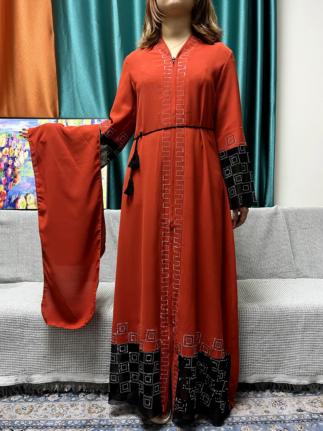 Muslim Open Abayas For Women Chiffon Pure Chains Diamonds Loose Fit Femme Robe Islamic Turkey Dress Moroccan Caftan With Turban