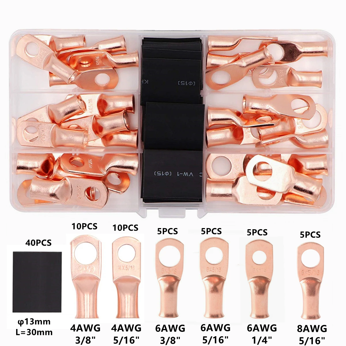 

80Pcs 2/4/6AWG 3/8" 5/16" Bare Copper Lug Ring Wire Connectors Cable Splice Crimp Terminals Heat Shrink Sleeve Assorted Kit
