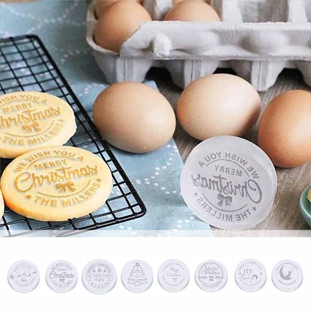 9 Pcs Personalized Christmas Cookie Stamp with Cutter Merry Christmas Cookies Stamps Cookie Cutter Stamps for Baking Decoration