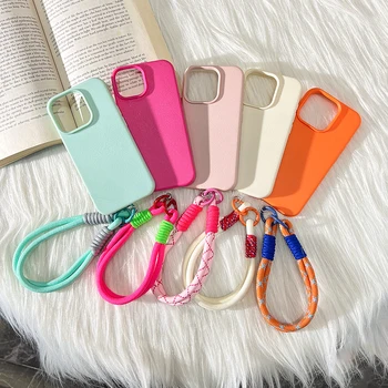 Cute Candy Leather Texture With Wrist Strap Case For iPhone 17 Air 16 15 14 11 12 13 16 Pro Max 16 Plus Solid Color Soft Cover 1