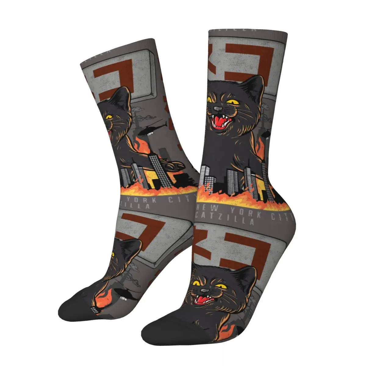 

Funny Crazy Compression Sock for Men Catzilla Hip Hop Harajuku Cat The Return Of Vampurr Horror Halloween Happy Crew Sock