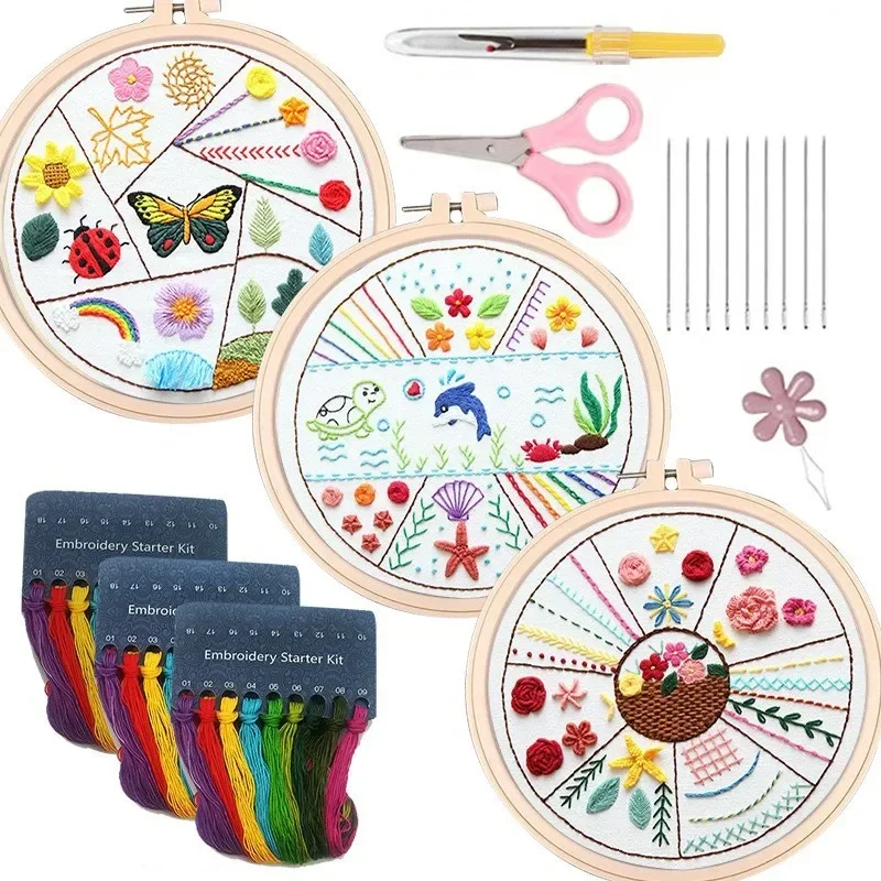 Embroidery Starter Kit for Beginners Adults 3 Sets Easy Stamped with Hoop Stitch Practice Set Gift for Hand Craft Lover