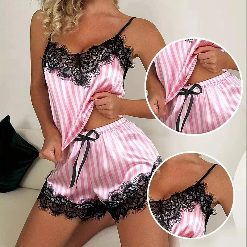 New Stripe Two Piece Women's V-Neck Sexy Lace Suspender Pajama Shorts Set Casual Women's Sleeveless Sexy Pajama Set