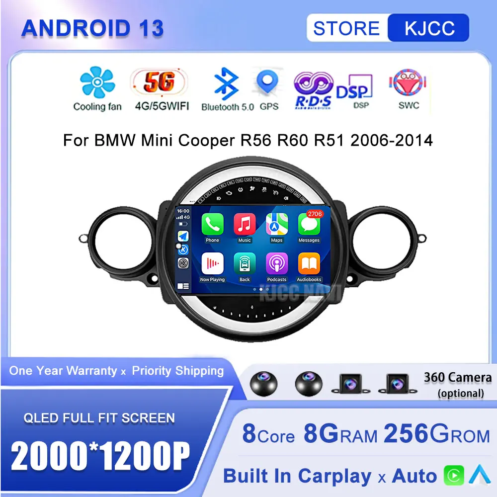 BMW 미니 쿠퍼용 자동차 플레이어 라디오, 2006-2014 카플레이 멀티미디어, 무선 내비게이션 지능형 시스템, 안드로이드 13