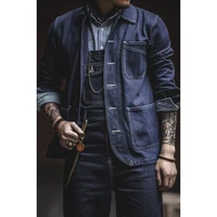 Amekaji Vintage Denim Jacket Men Lapel Multi-pocket Striped Workwear Tooling Jacket Spring Autumn New Primary Color Denim Coat 1