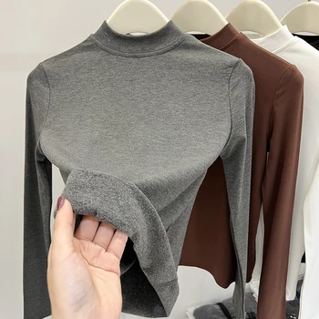 بلايز المرأة تي شيرت خريف شتاء 2025 الأساسية عالية الجودة أنيقة ضئيلة صوف مبطن الياقة المدورة طويلة الأكمام سميكة الدافئة تي شيرت