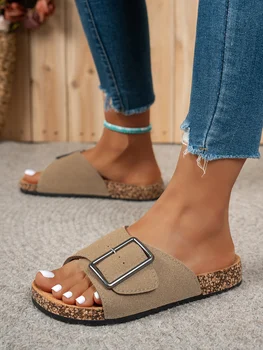 Women's Summer Spring and Autumn Casual Simple Large Buckle Suede Upper Soft Wood Grain Comfortable Flat Heel Slip-On Beach Slippers 1