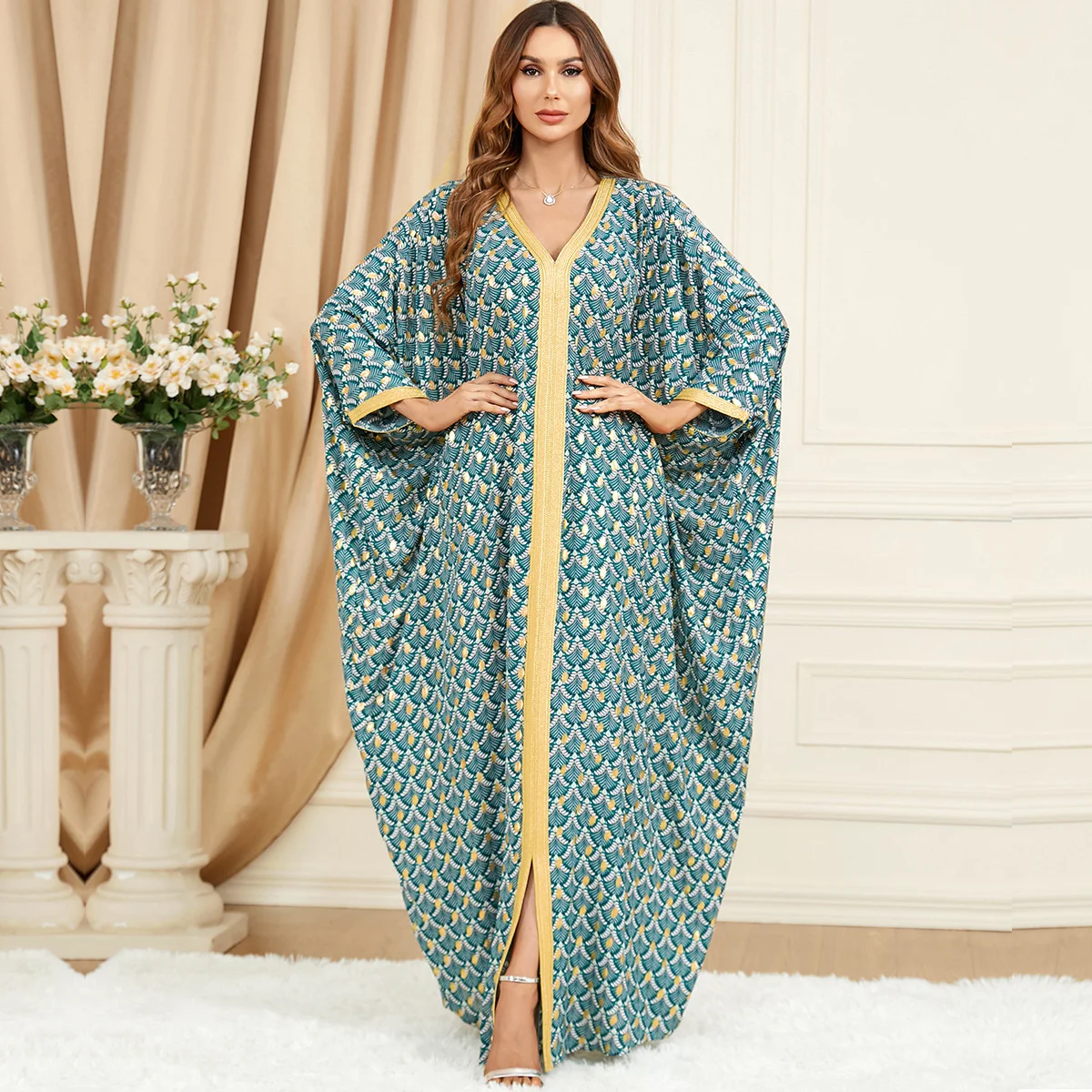 

Ramadan Print Jalabiya Maxi Abaya Bat Sleeve African Dress Kimono Cardigan Muslim Robes Vestidos Eid Islam Prayer Clothes