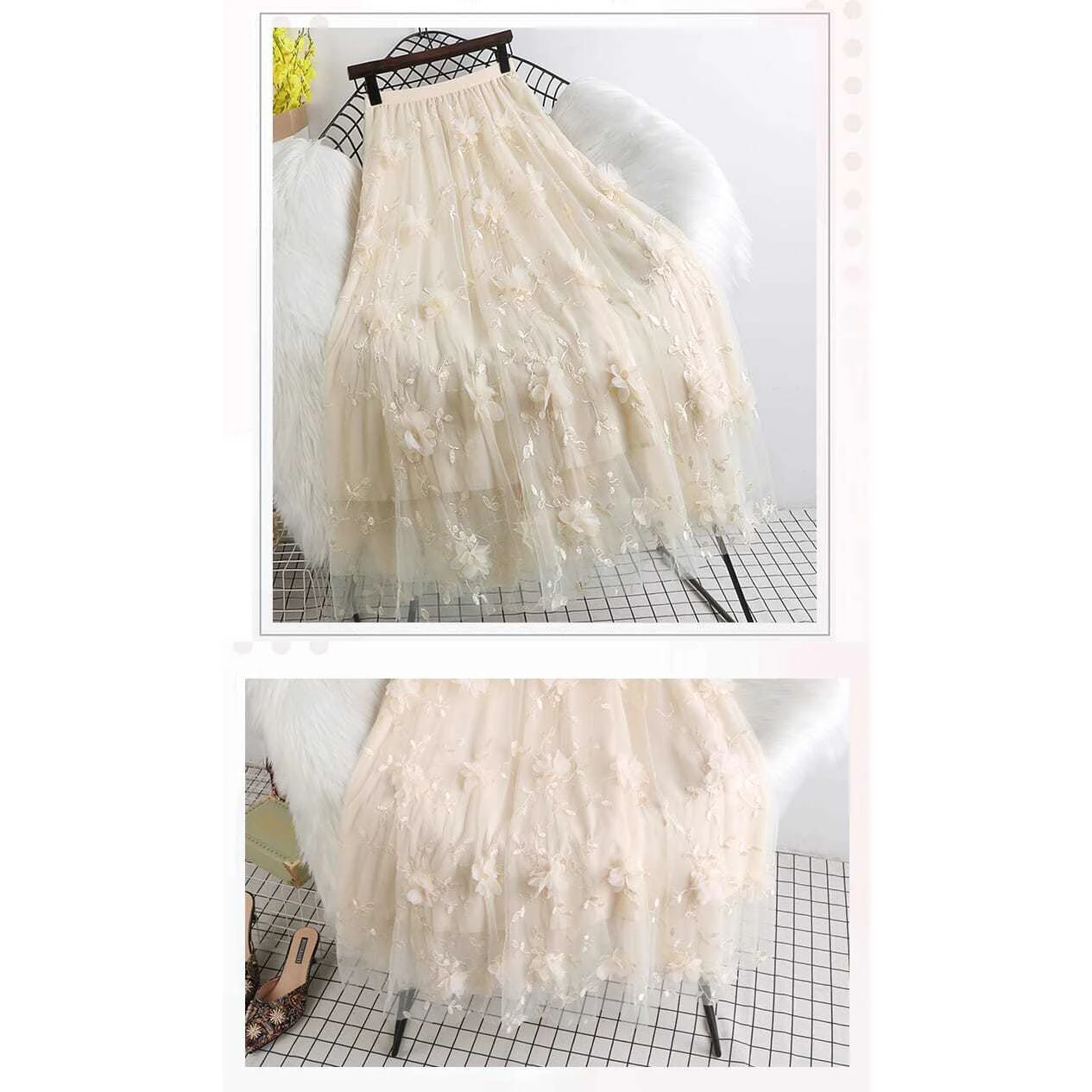 Luxury Woman Skirts 2021 Korean style Fashion Elastic Waist Appliques Embroidery Floral Mesh Skirt Long Gauze Ball Gown Skirt short skirt