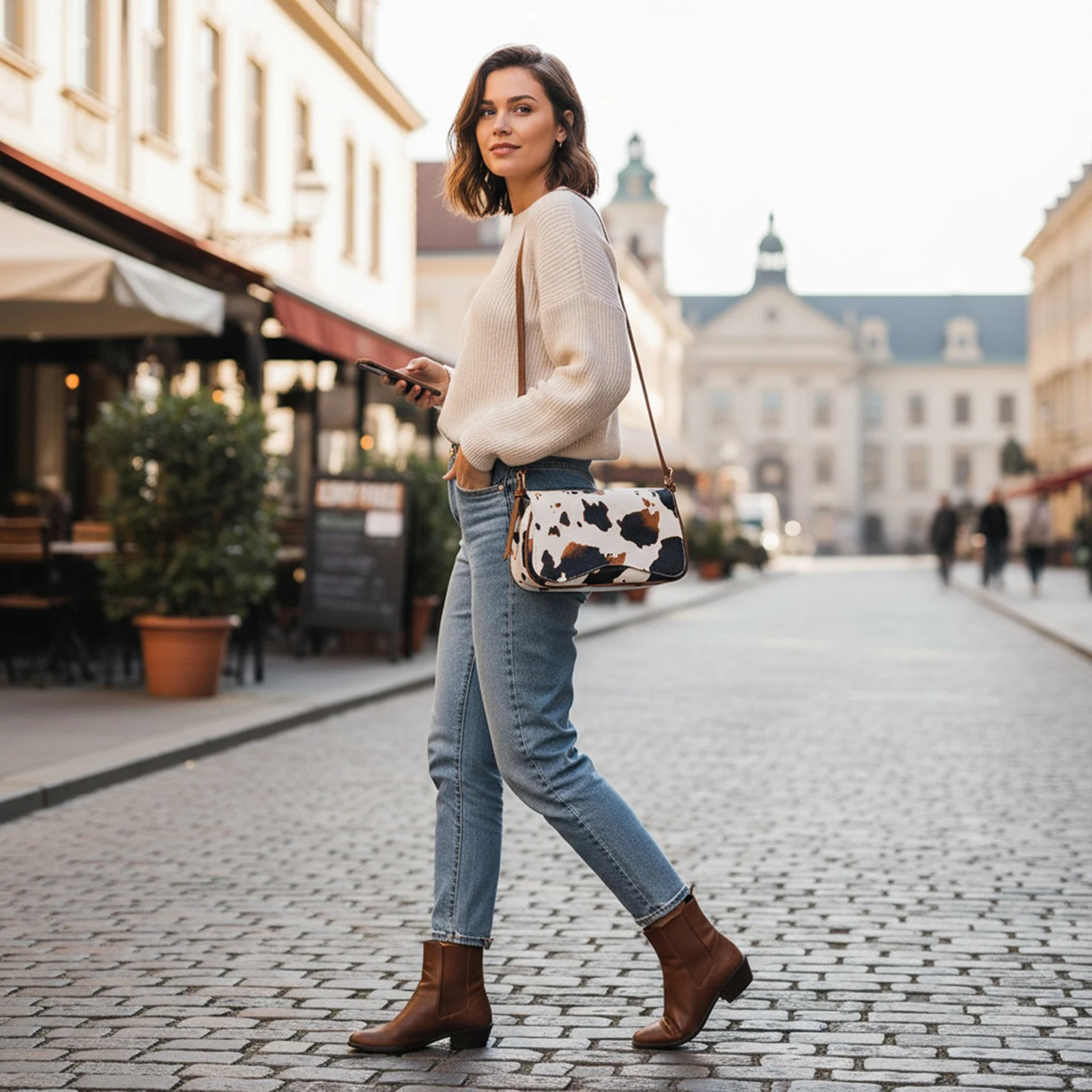 Women PU Leather Cow Print Shoulder Bag Fashion Handbag with Adjustable Strap Commuter Bag for Work Shopping Travel Daily