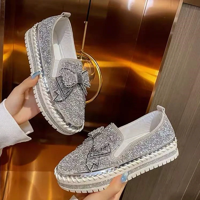 LazySeal Bling Sequine Upper Women Flat Heel Shoe Luxury Butterfly Street Style Casual Footwear Flats Plus Size 44
