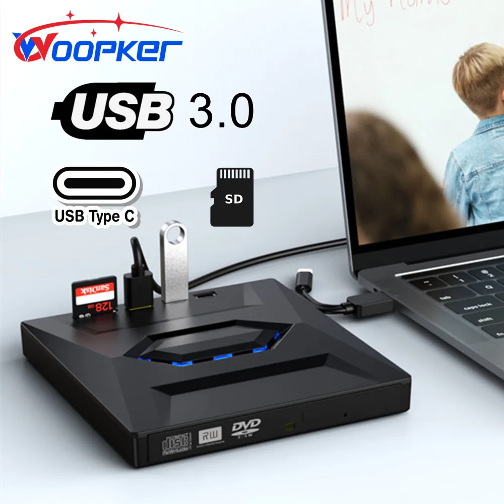 USB3.0 Type C External CD DVD VCD Optical Drive 3-in-1 Multi-Function SD Card U Disk Player Read Speed CD Rom 24X CD-RW