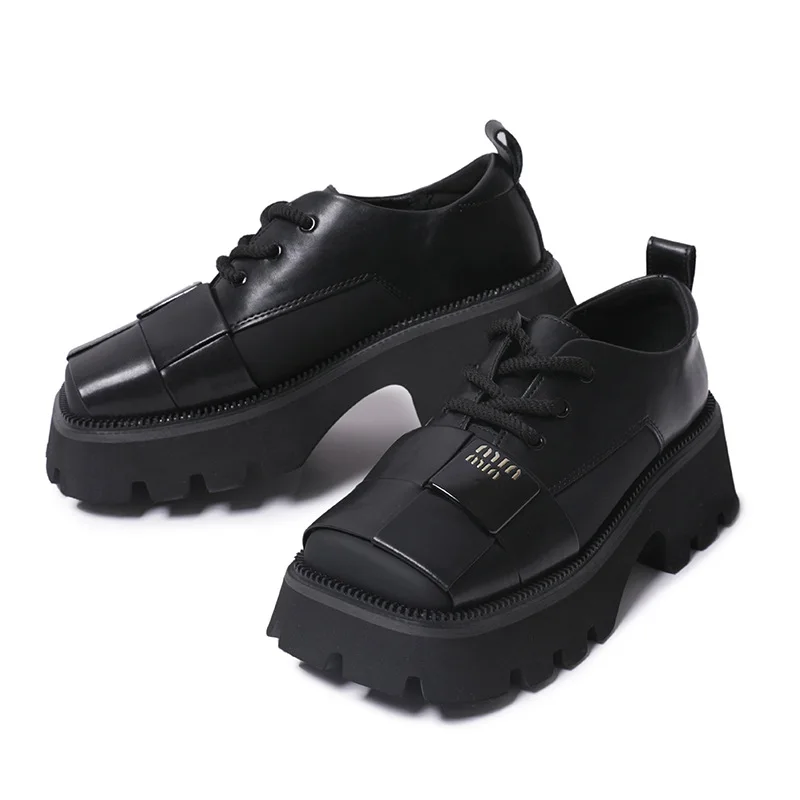 

Brand Design Lace-Up High-Heeled Single Shoes Retro Square Head Thick Heel Heightening Casual Versatile Women's Leather Shoes