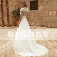 Elegant A-Line Wedding Dress Women Lace Illusion Back Short Sleeve O-Neck Chiffion Bridal Gown Train Vestido De Noiva Customized 2