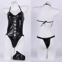Sous-vêtements en cuir Latex pour femmes, ensemble de soutien-gorge creux, Costumes érotiques, dos nu, col en V, robe de poupée, grande taille, Corsets, ensemble de Lingerie Sexy 4