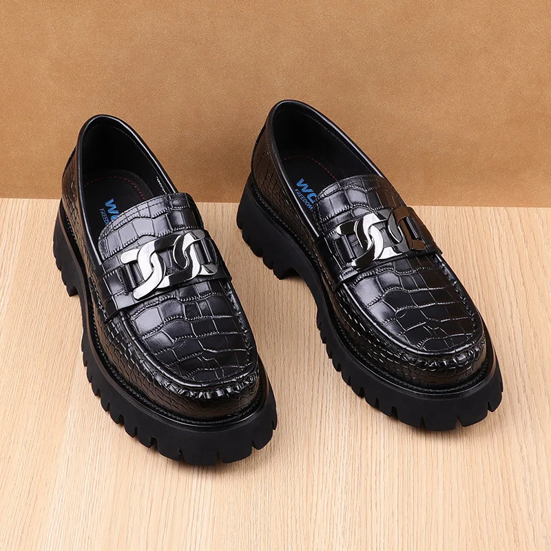 Men's shoes, thick sole, round head, embossed pattern, leather, style, high-grade wedding shoes, handmade, buckle, work we