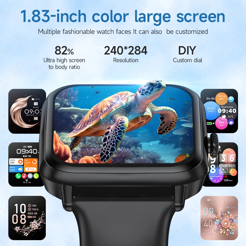 LIGE 2025 New Smart Watch Men Women 1.83" HD Bluetooth Call SOS Heart Rate Blood Oxygen IP68 Waterproof Smartwatch Ladies Gift