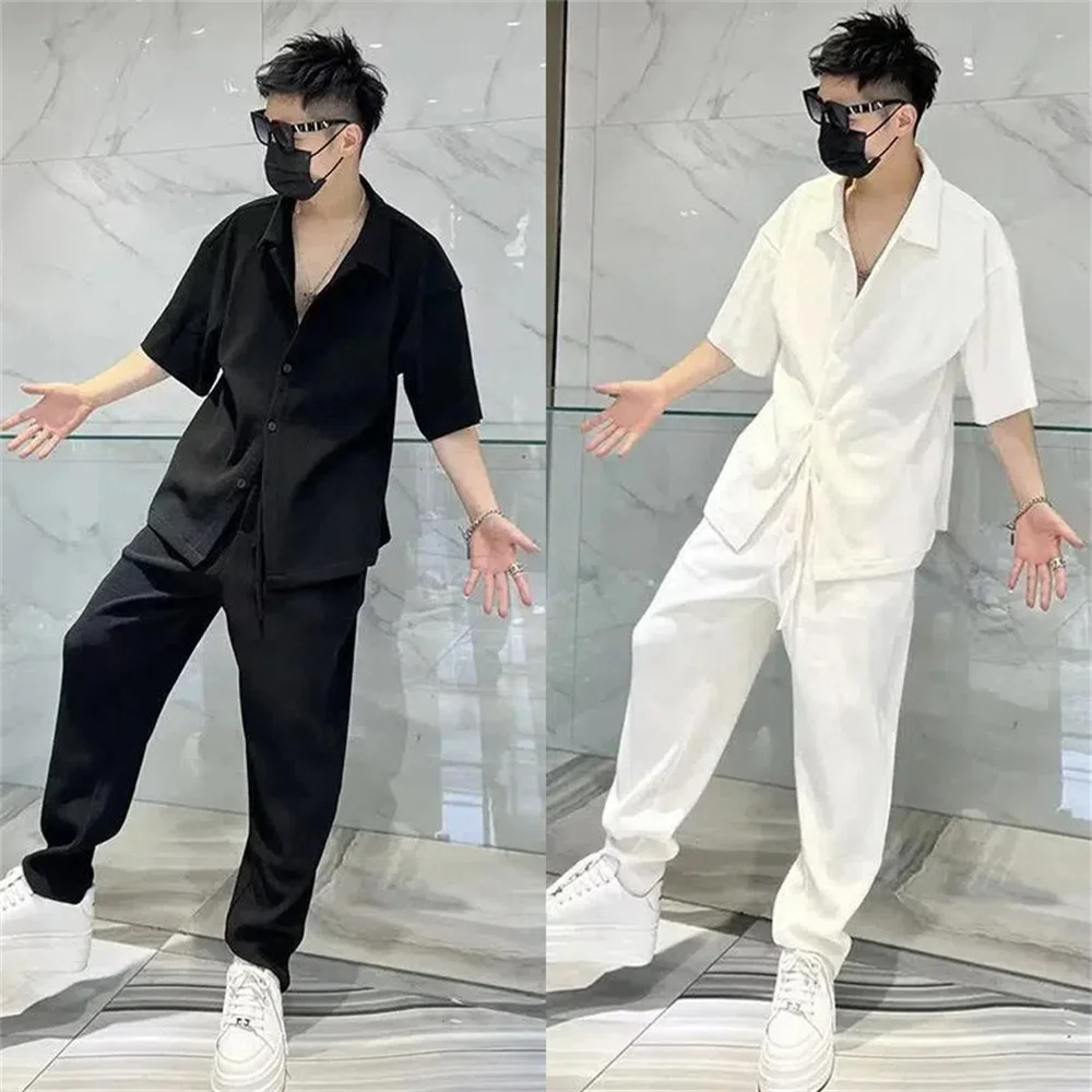 

Oversized Fashionable Men's Suit Loose Fitting Medium Sleeve Shirt Top + Casual Pants Men's Summer Autumn Casual Two Piece Set