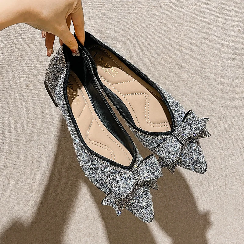 Rhinestone Beading Bowknot flat shoes woman pointed toe bling crystal wedding shoes female ballet flats moccasins big size 43 2