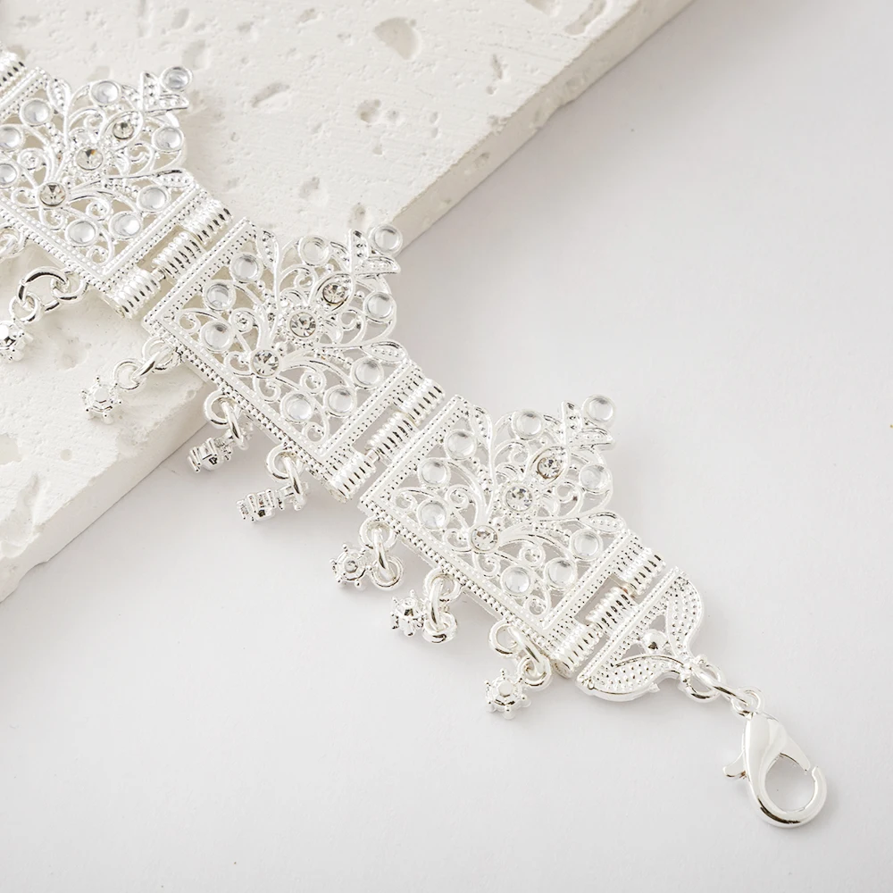 Marokkanischer Fransen-Haarschmuck in Goldfarbe, Algerische Braut-Kopfkette, Metall-Party-Geschenk, Weißer Kristall-Schmuck mit Tropfglasur – Detail 5