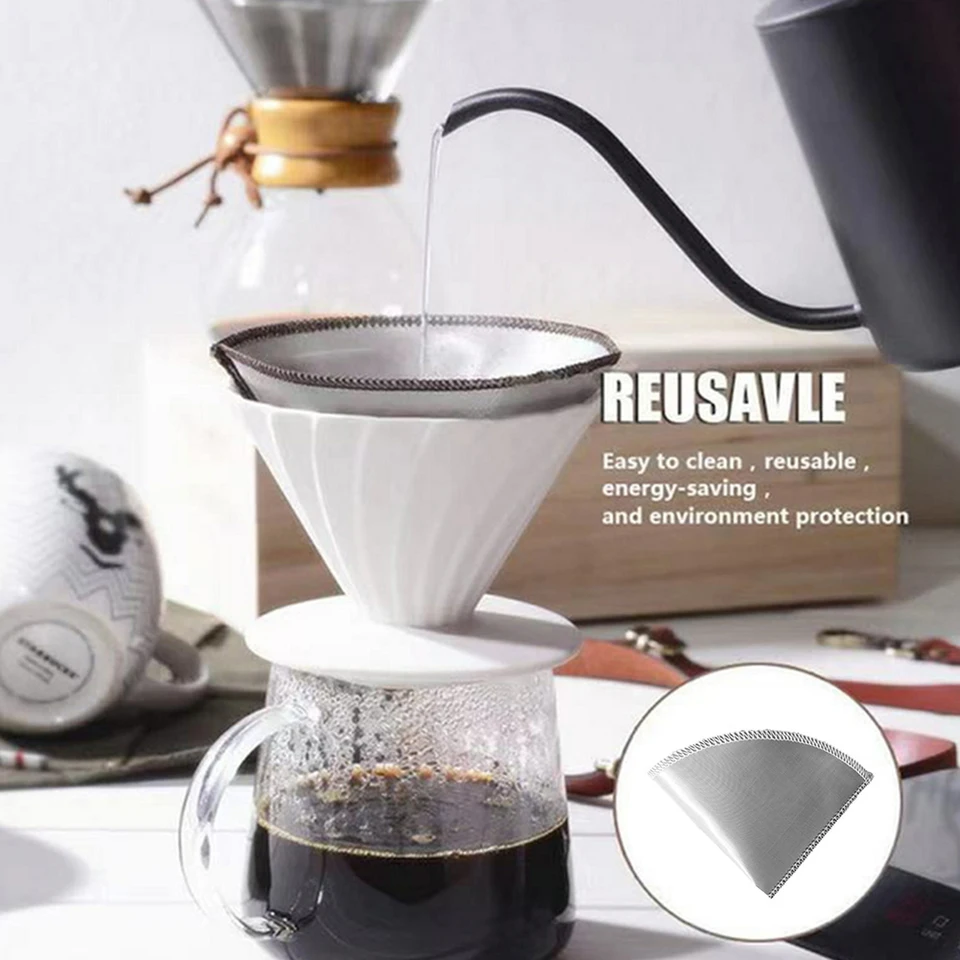 Informazioni su Coffee Dripper 304 in acciaio inox tramite filtro da caffè a doppia maglia fine filtro da caffè con manico in silicone riutilizzabile per ufficio casetta