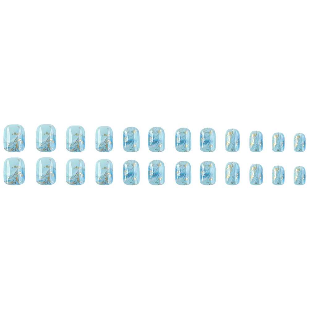 24 Stück/Set kurze quadratische künstliche Nägel, modische geometrische Nagelspitzen, blaue Ozeanwelle, Streifen, Glitzerblumen, zum Aufdrücken falscher Nagelkunst-Set – Detail 6