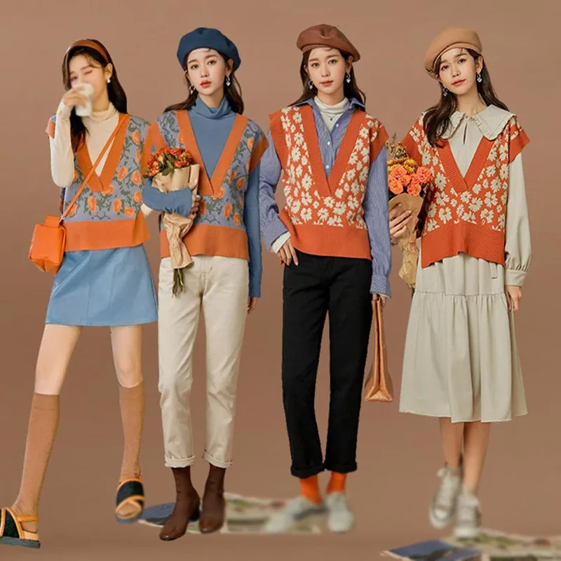 

Осенний Женский вязаный свитер с V-образным вырезом, жилет, пуловер без рукавов, вязаные топы для девушек