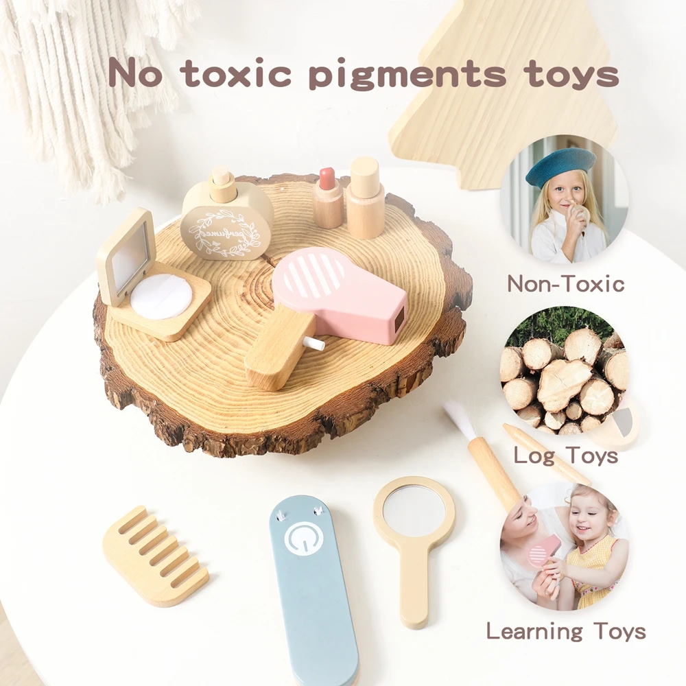 Wooden Children's Simulation Makeup Set Girls Role Play Hair Comb Brush Mirror Mascara Gifts Toy Girl Montessori Makeup Toy 3