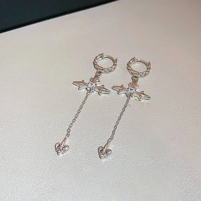 Cool Rhinestone Zircon Cross Earrings for Women Korean Fashion Long Tassel Earring Girls Daily Birthday Party Y2k Jewelry Gifts